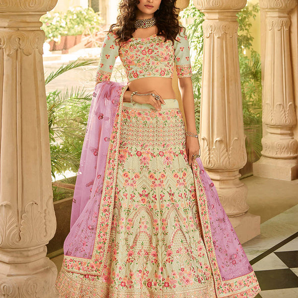 Myra Pista Organza Embroidered Lehenga Choli - Distacart