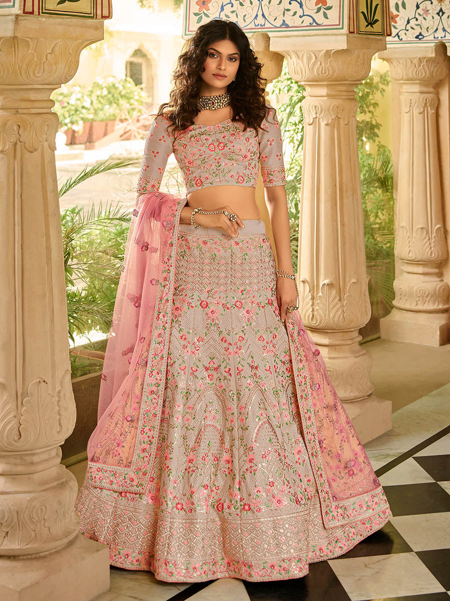 Myra Beautiful Dusty Pink Organza Embroidered Lehenga Choli