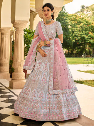 Myra Dusty Blue Organza Embroidered Lehenga Choli - Distacart