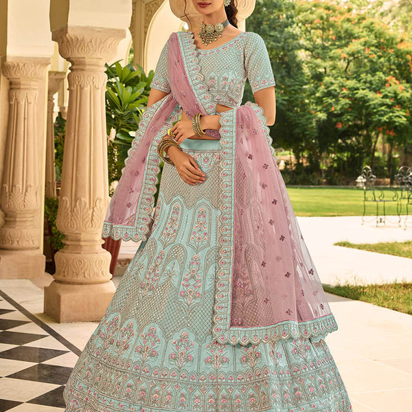 Myra Sea Blue Organza Embroidered Lehenga Choli - Distacart