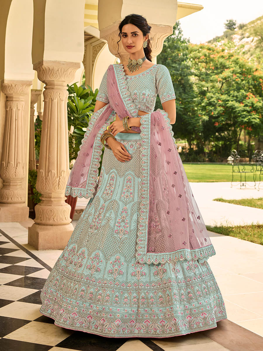Myra Sea Blue Organza Embroidered Lehenga Choli - Distacart