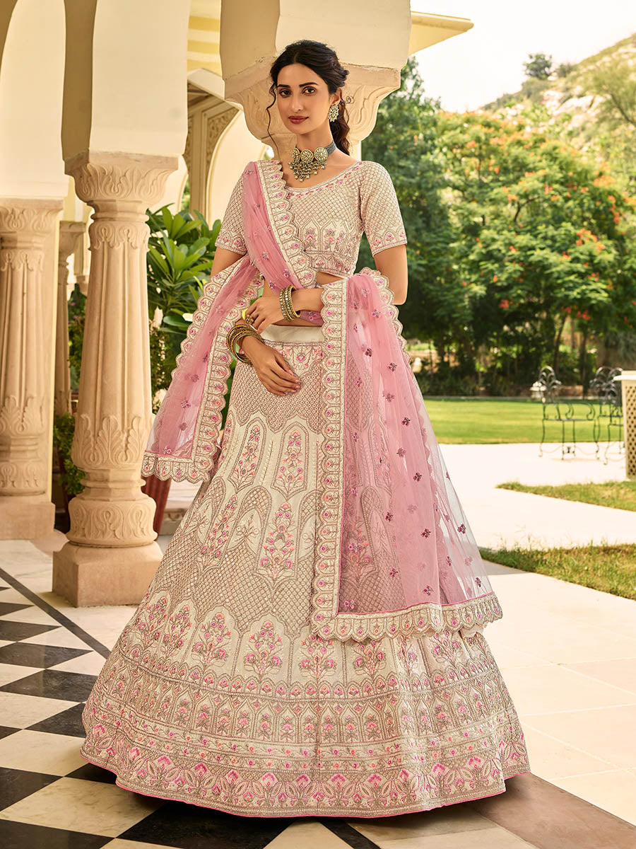 Myra Beige Organza Embroidered Lehenga Choli - Distacart