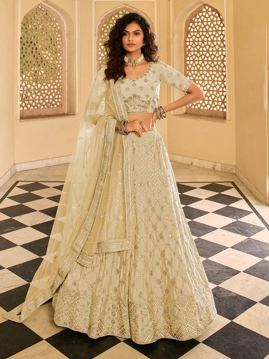 Myra Beige Organza Embroidered Lehenga Choli - Distacart