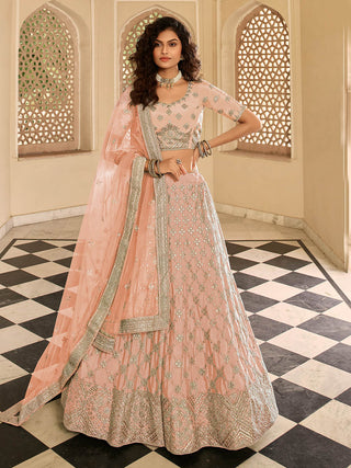 Myra Peach Organza Embroidered Lehenga Choli - Distacart