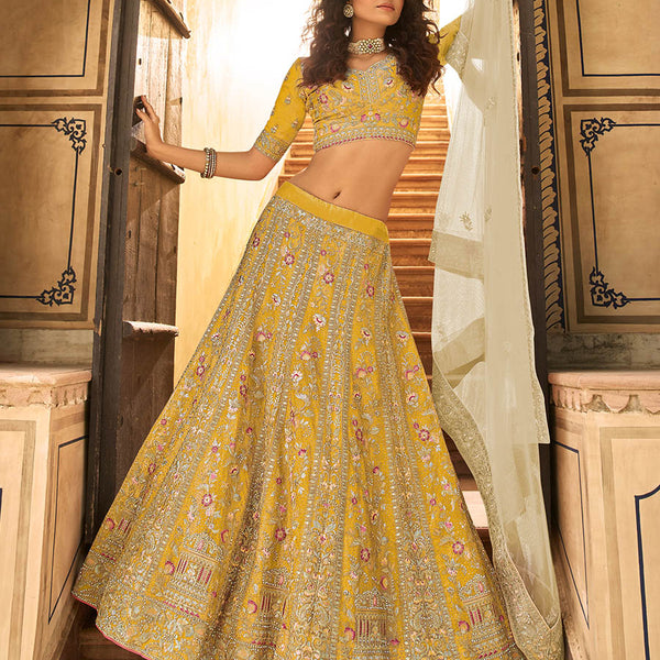Myra Yellow Organza Embroidered Lehenga Choli - Distacart