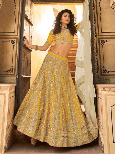 Myra Yellow Organza Embroidered Lehenga Choli - Distacart