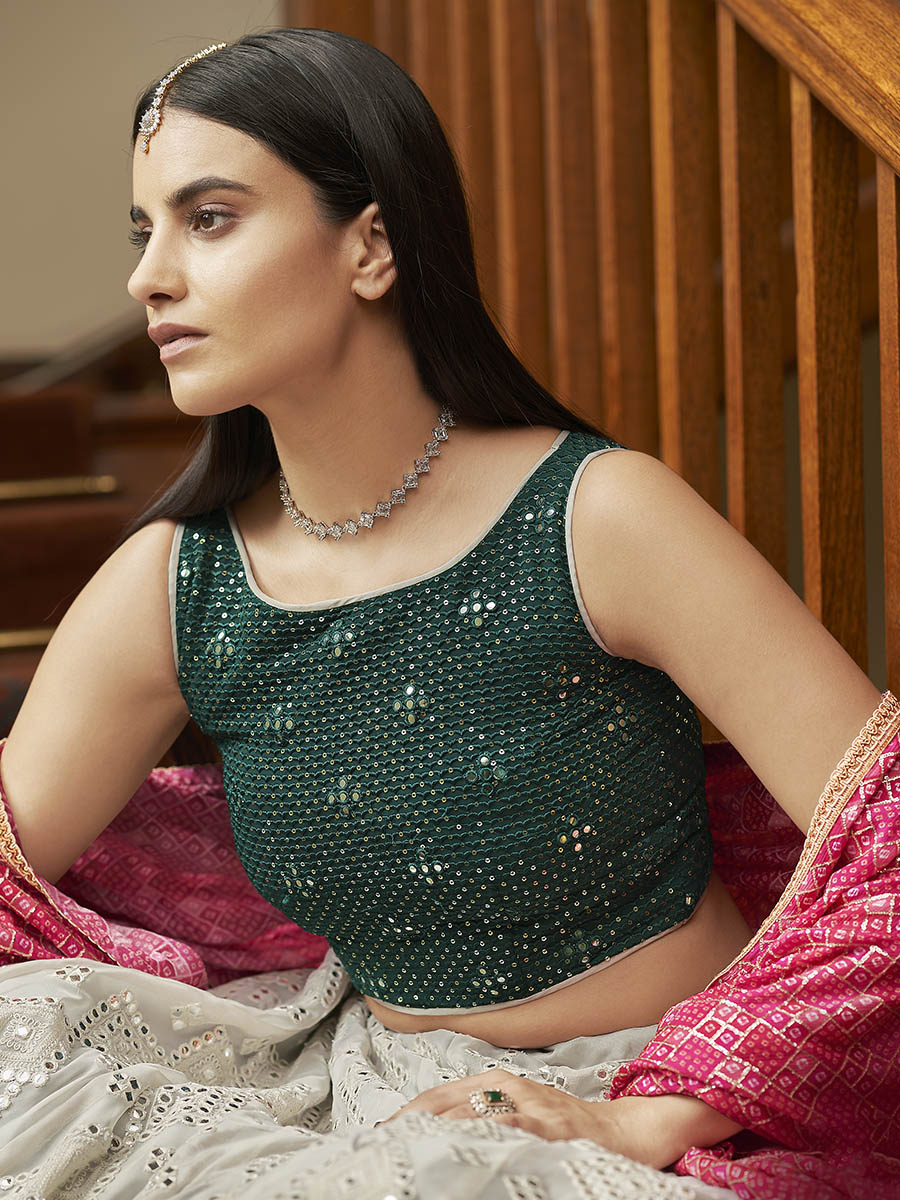 Myra Grey Organza Embroidered Lehenga - Distacart