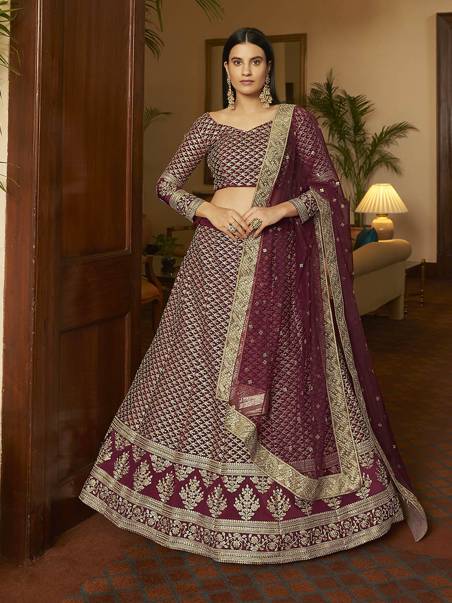 Myra Maroon Crepe Embroidered Lehenga - Distacart