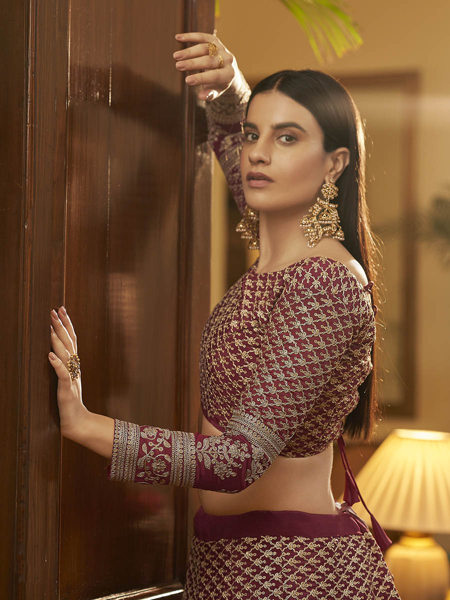 Myra Maroon Crepe Embroidered Lehenga - Distacart