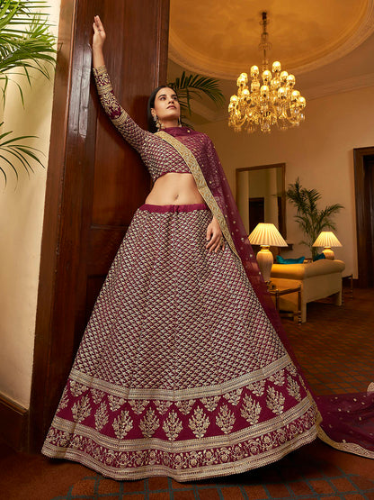 Myra Maroon Crepe Embroidered Lehenga - Distacart