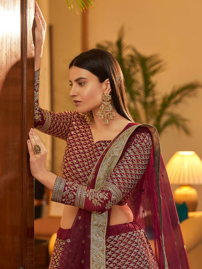 Myra Maroon Crepe Embroidered Lehenga - Distacart