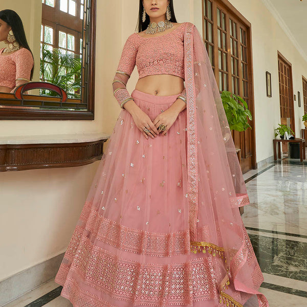 Myra Peach Soft Net Embroidered Lehenga - Distacart