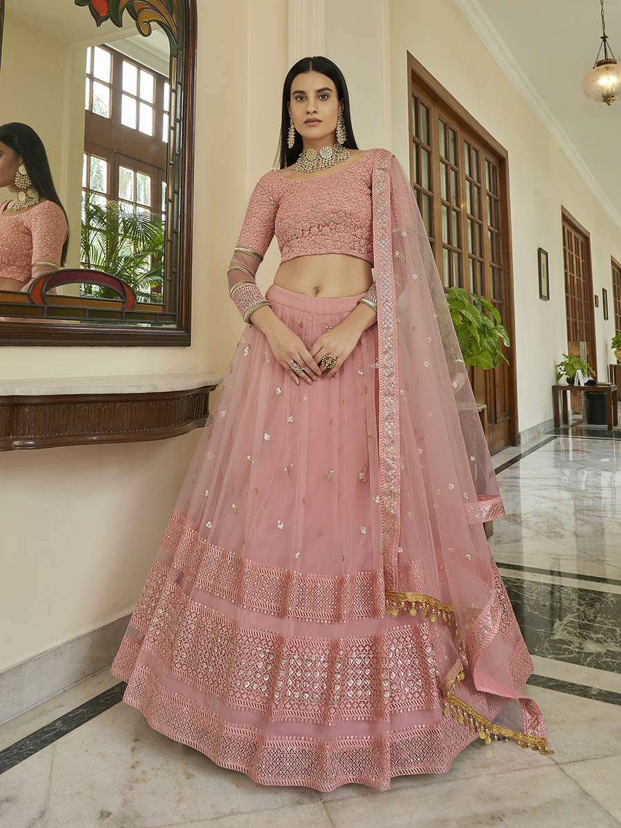 Myra Peach Soft Net Embroidered Lehenga - Distacart