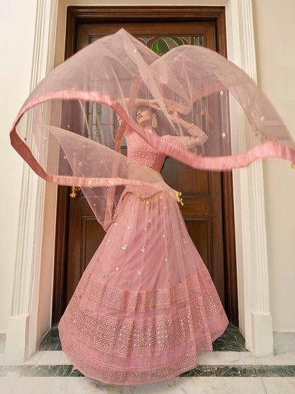 Myra Peach Soft Net Embroidered Lehenga - Distacart