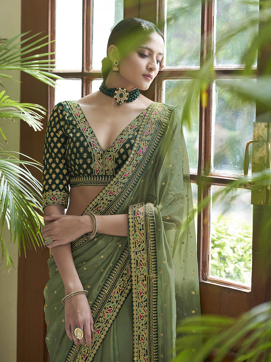 Myra Olive Green Embroidered Organza Fancy Saree - Distacart