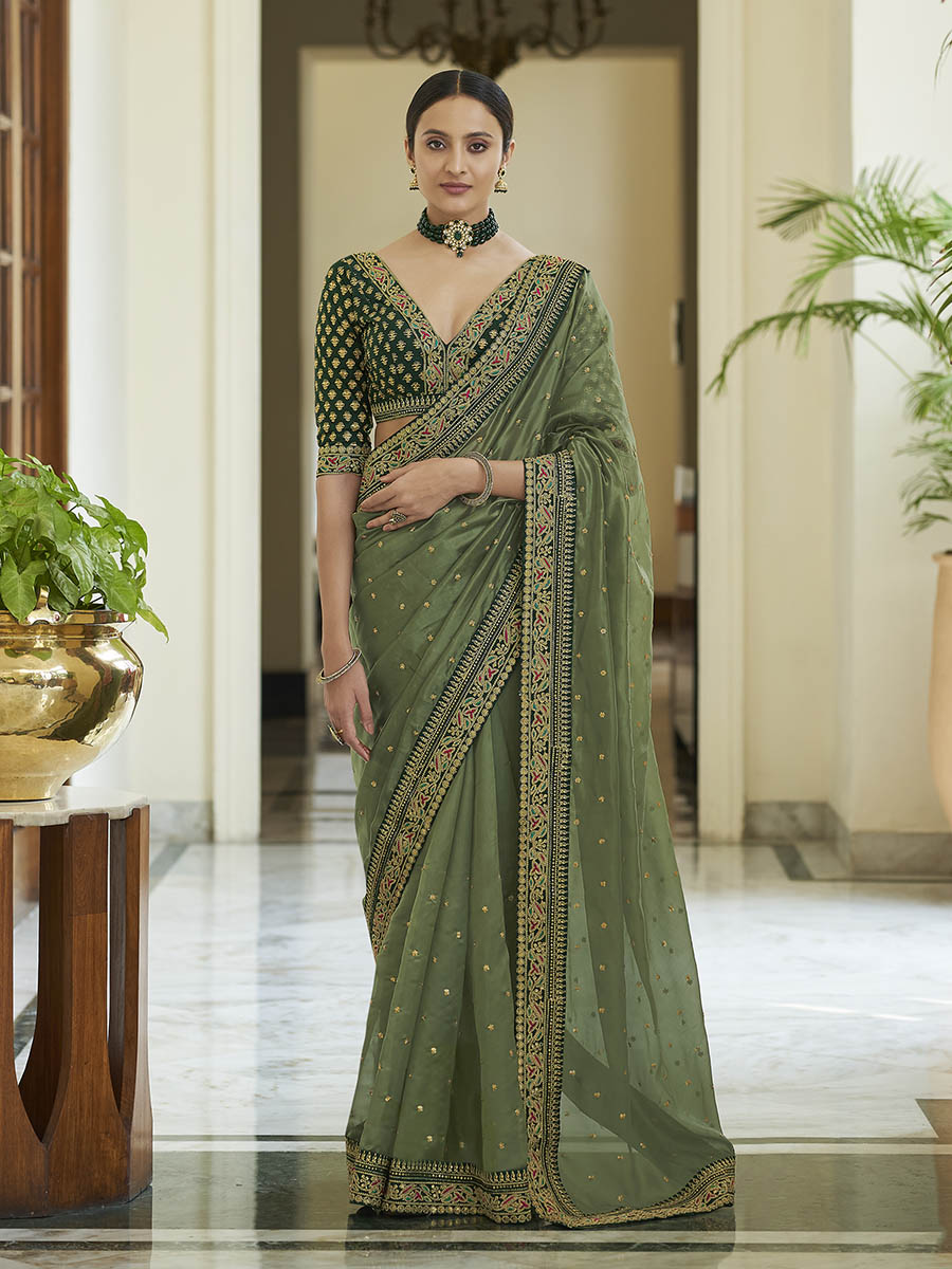 Myra Olive Green Embroidered Organza Fancy Saree - Distacart
