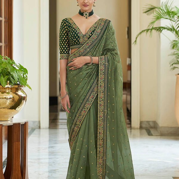 Myra Olive Green Embroidered Organza Fancy Saree - Distacart