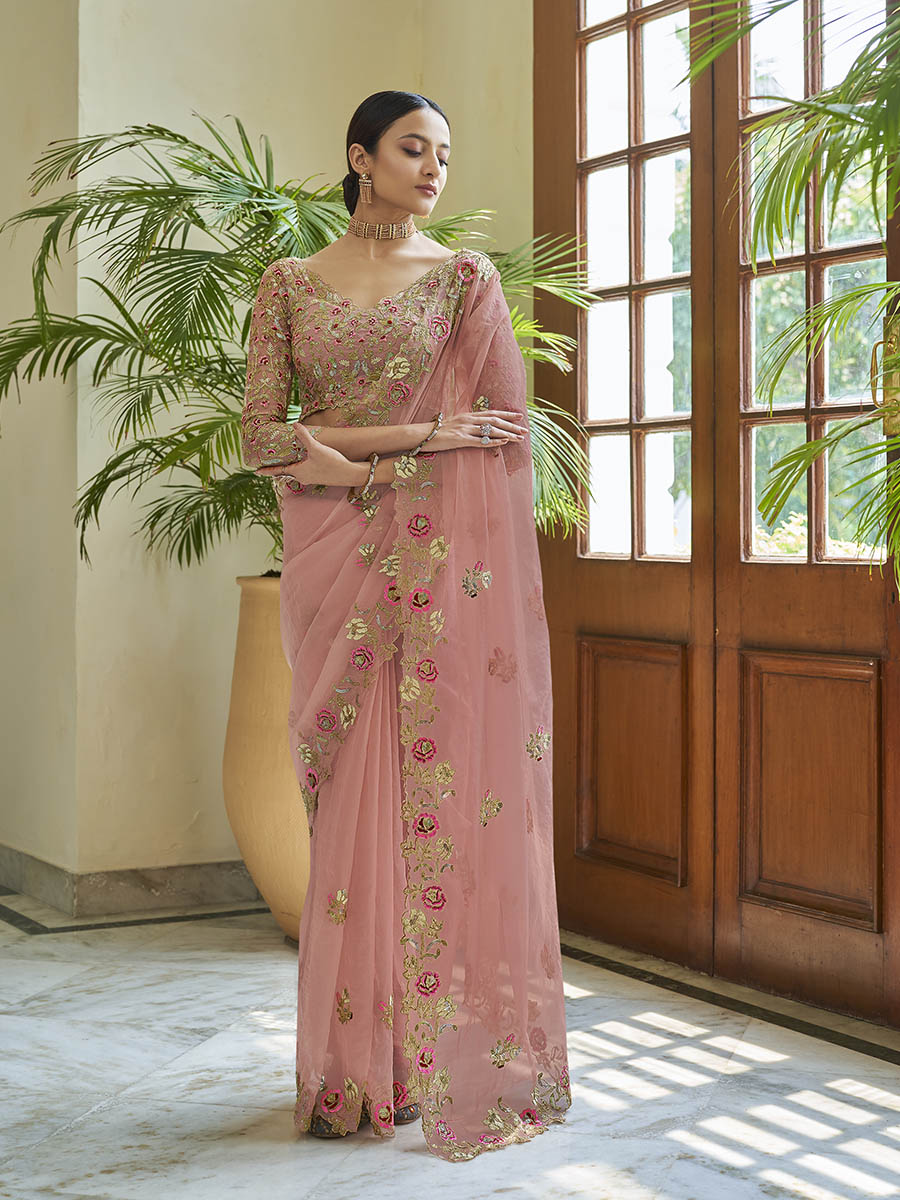 Myra Peach Embroidered Organza Fancy Saree - Distacart