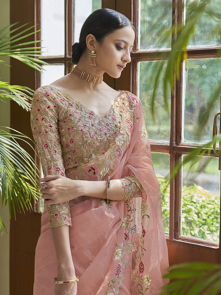 Myra Peach Embroidered Organza Fancy Saree - Distacart