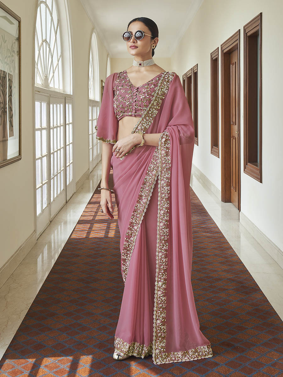 Myra Pink Embroidered Georgette Fancy Saree - Distacart
