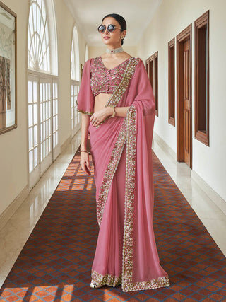 Myra Pink Embroidered Georgette Fancy Saree - Distacart