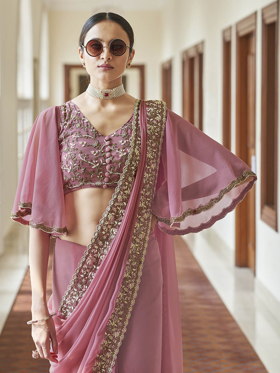 Myra Pink Embroidered Georgette Fancy Saree - Distacart