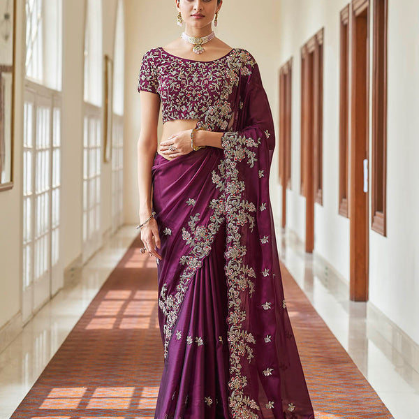 Myra Purple Embroidered Crepe Fancy Saree - Distacart