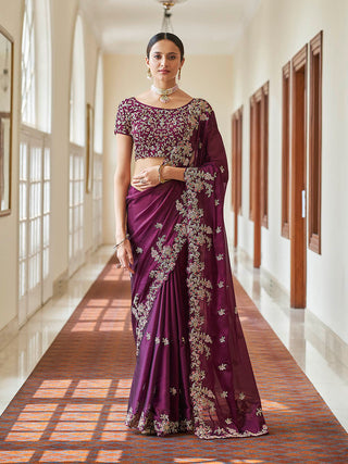 Myra Purple Embroidered Crepe Fancy Saree - Distacart