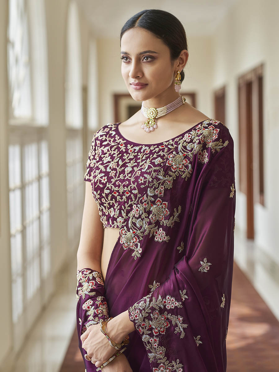Myra Purple Embroidered Crepe Fancy Saree - Distacart