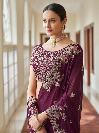 Myra Purple Embroidered Crepe Fancy Saree - Distacart