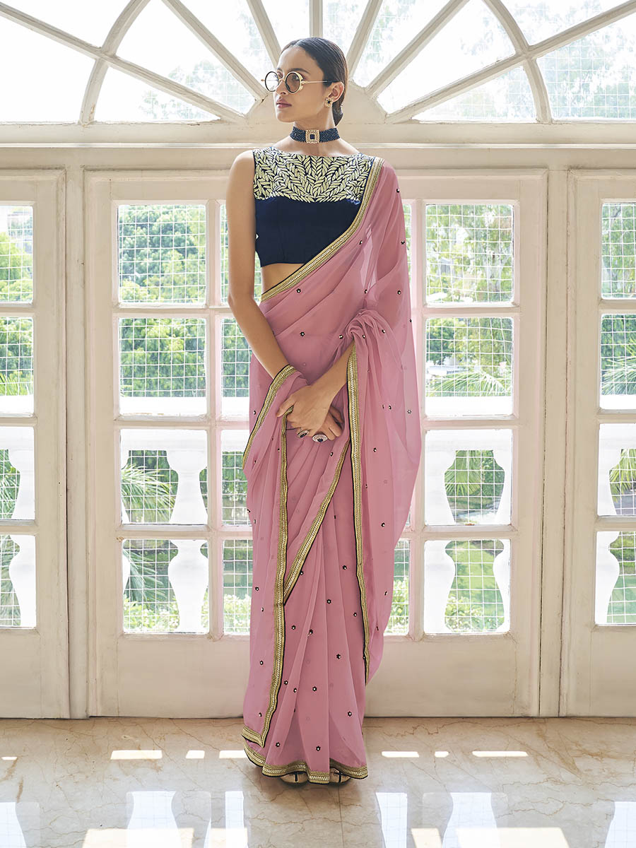 Myra Peach Embroidered Georgette Fancy Saree - Distacart