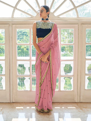Myra Peach Embroidered Georgette Fancy Saree - Distacart
