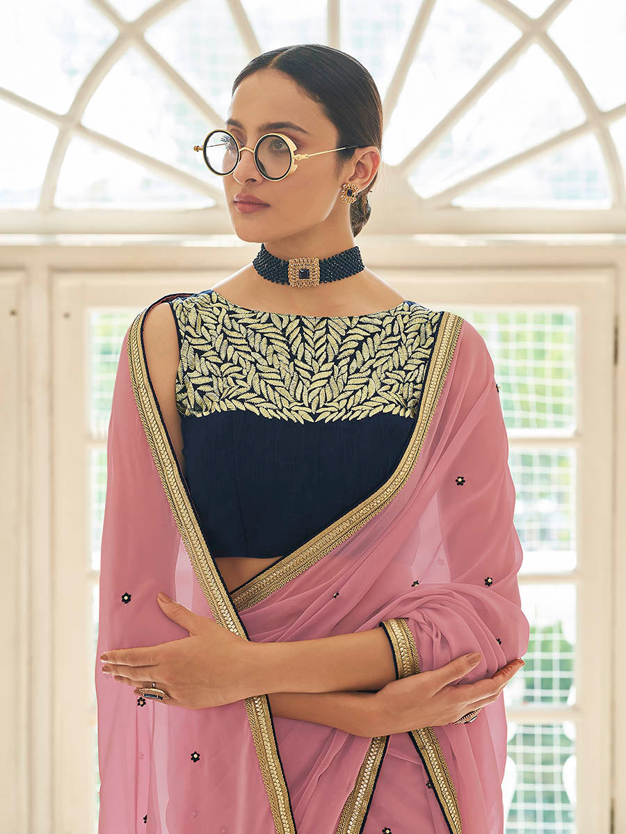 Myra Peach Embroidered Georgette Fancy Saree - Distacart