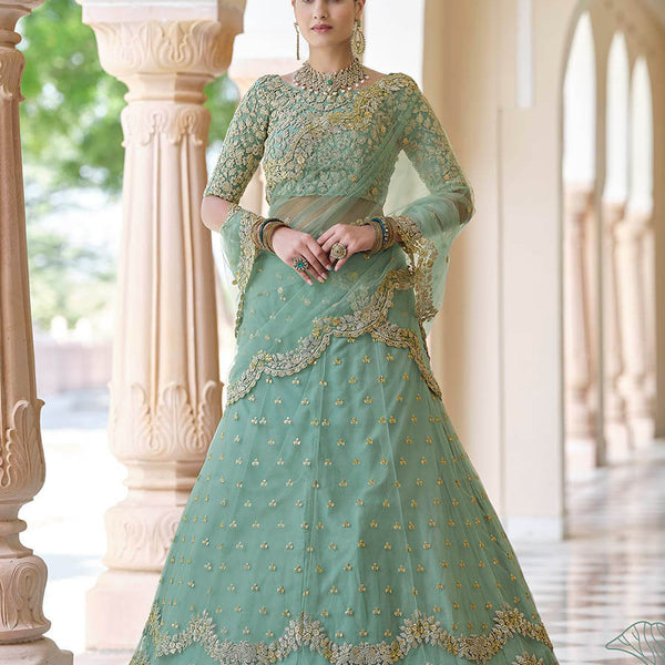 Myra Pista Net Embroidered Lehenga - Distacart