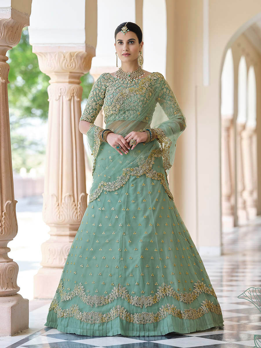 Myra Pista Net Embroidered Lehenga - Distacart