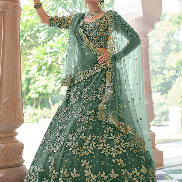 Myra Rama Green Net Embroidered Lehenga