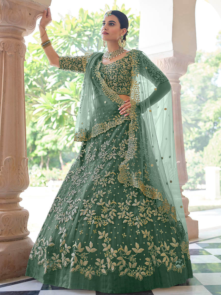 Myra Rama Green Net Embroidered Lehenga - Distacart