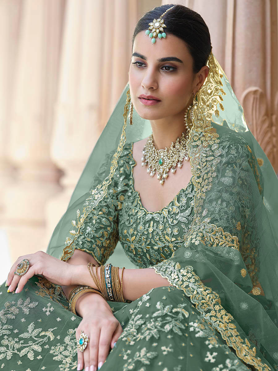 Myra Rama Green Net Embroidered Lehenga