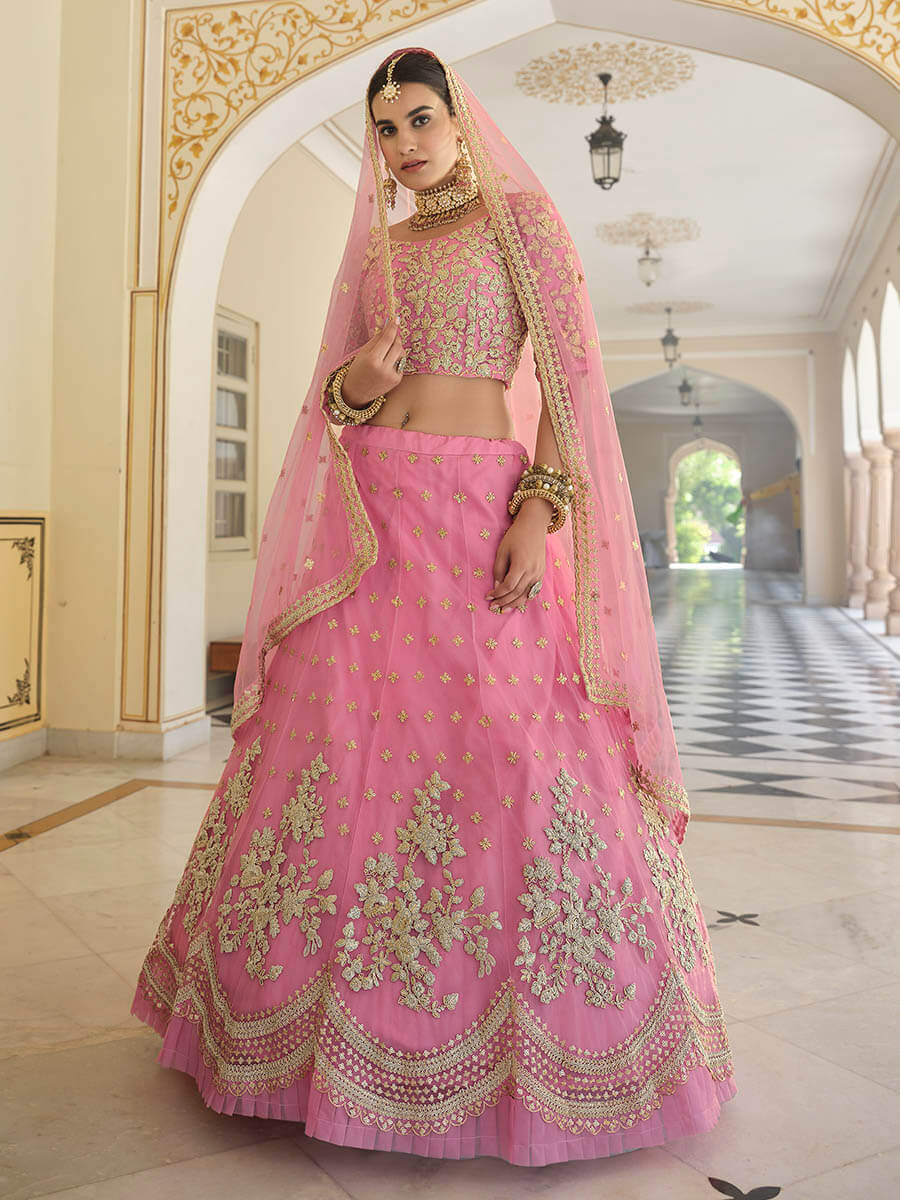 Myra Baby Pink Net Embroidered Lehenga - Distacart