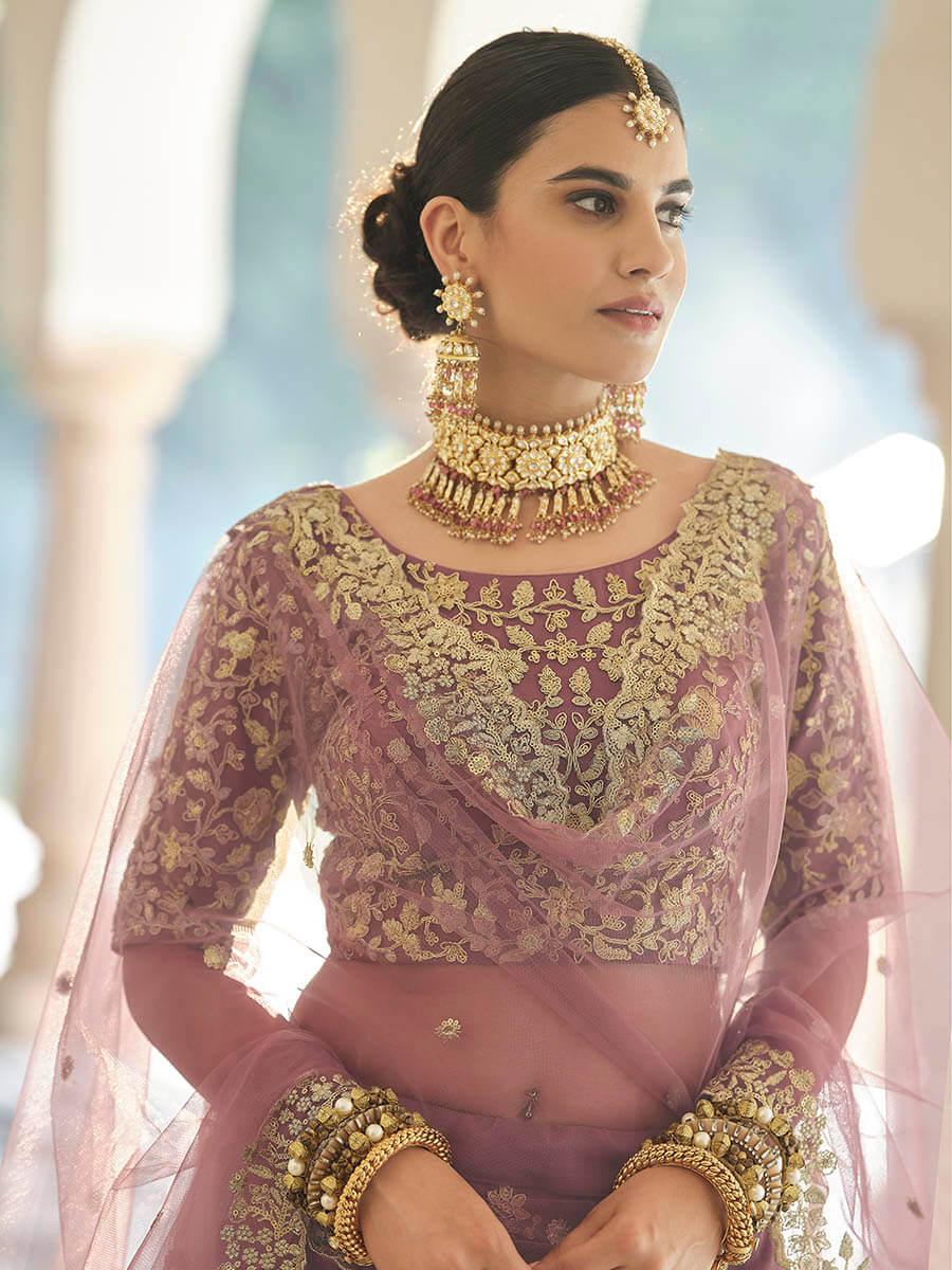 Myra Mauve Net Embroidered Lehenga - Distacart
