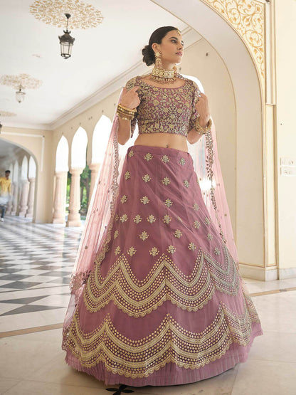 Myra Mauve Net Embroidered Lehenga - Distacart