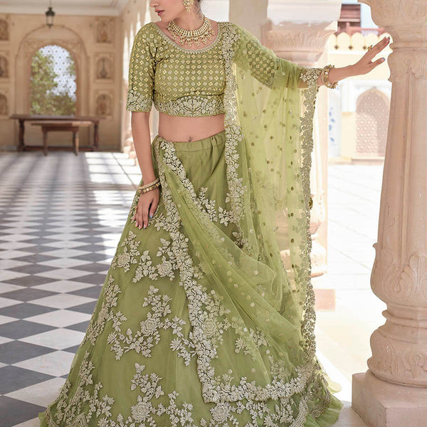 Myra Olive Green Net Embroidered Lehenga - Distacart