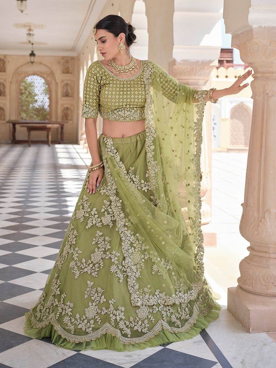 Myra Olive Green Net Embroidered Lehenga - Distacart