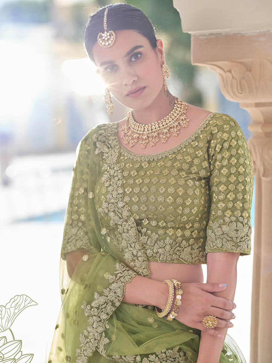 Myra Olive Green Net Embroidered Lehenga - Distacart
