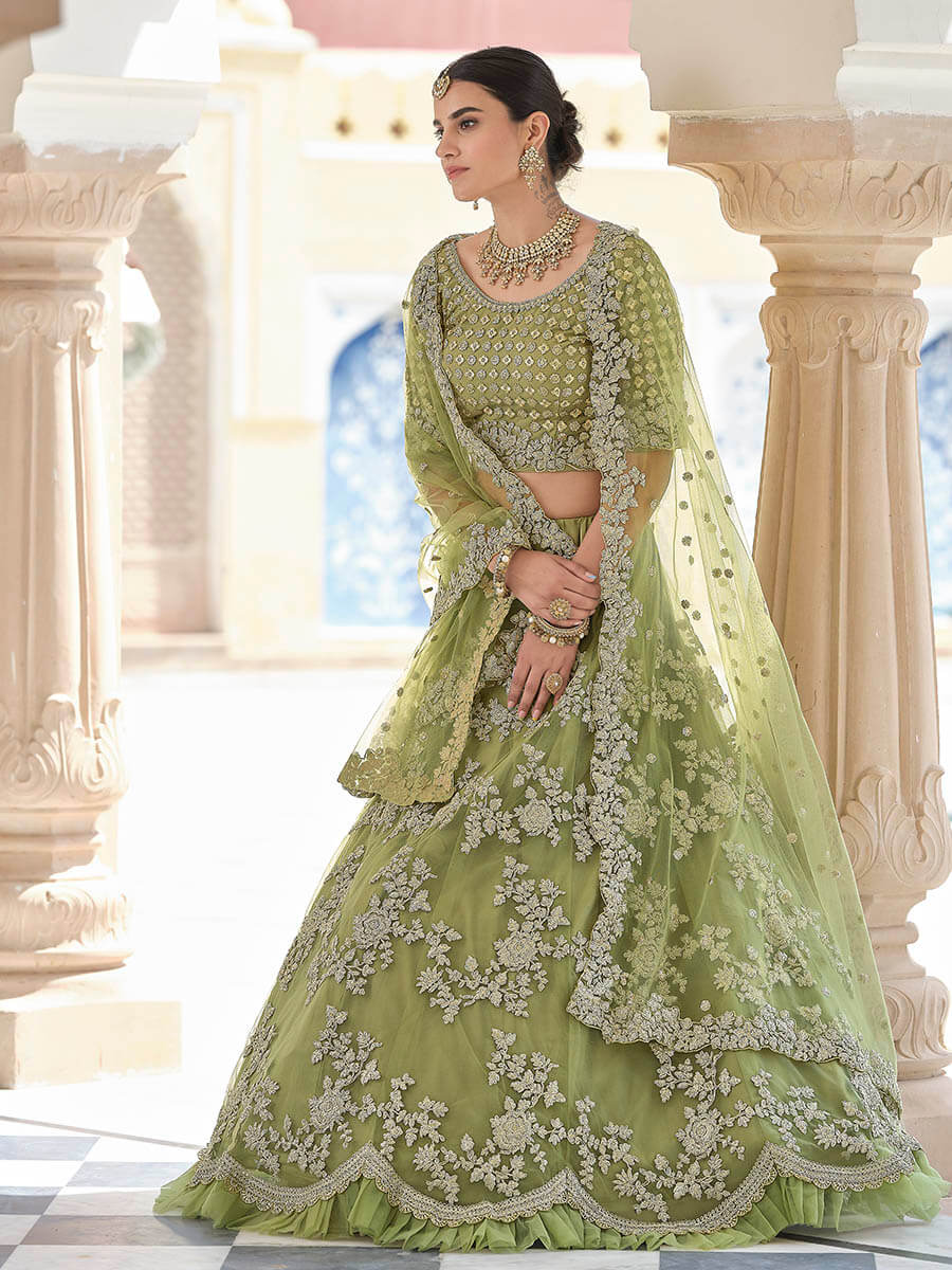 Myra Olive Green Net Embroidered Lehenga - Distacart