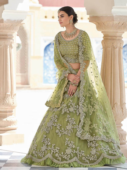 Myra Olive Green Net Embroidered Lehenga - Distacart