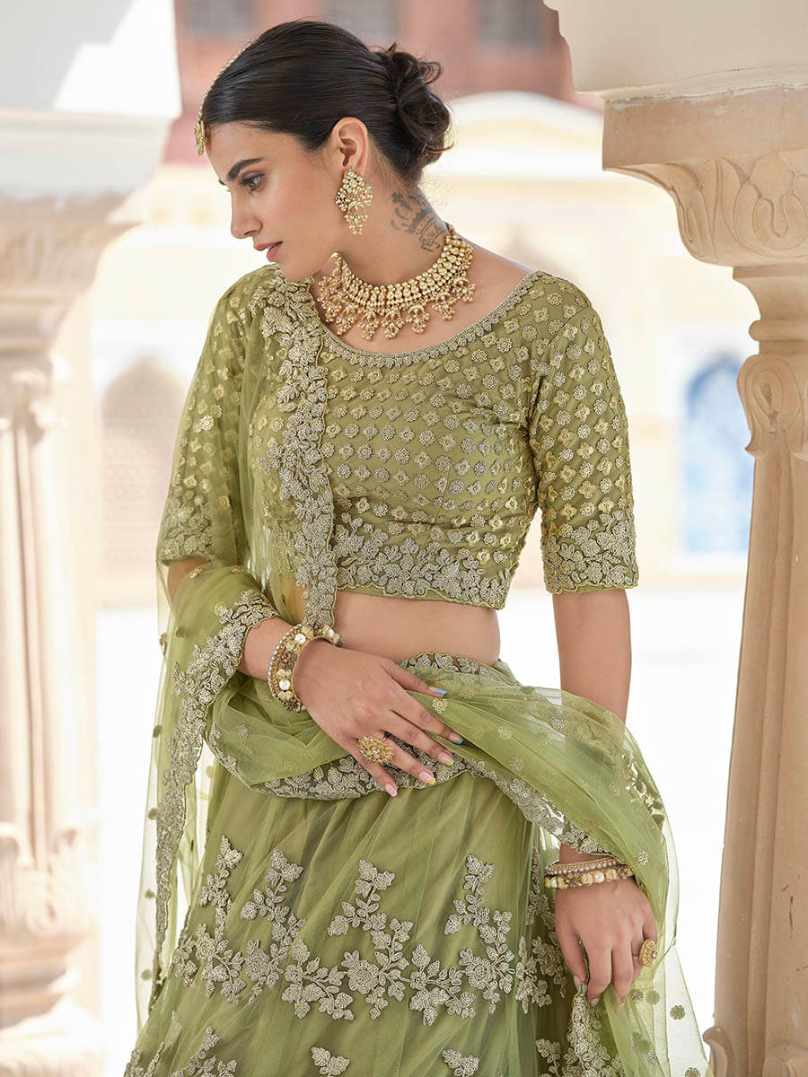 Myra Olive Green Net Embroidered Lehenga - Distacart