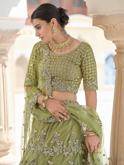 Myra Olive Green Net Embroidered Lehenga - Distacart