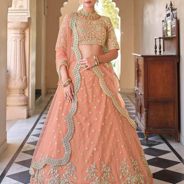 Myra Peach Net Embroidered Lehenga