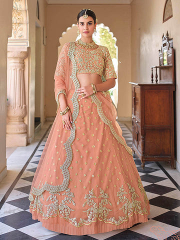 Myra Peach Net Embroidered Lehenga